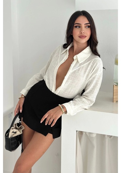 Asprin Fashion Pamuk Keten File Dantel Detaylı Gömlek Beyaz