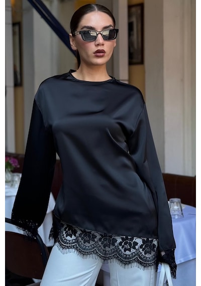 Madmext Siyah Asimetrik Dantelli Uzun Kollu Saten Bluz Mg2799