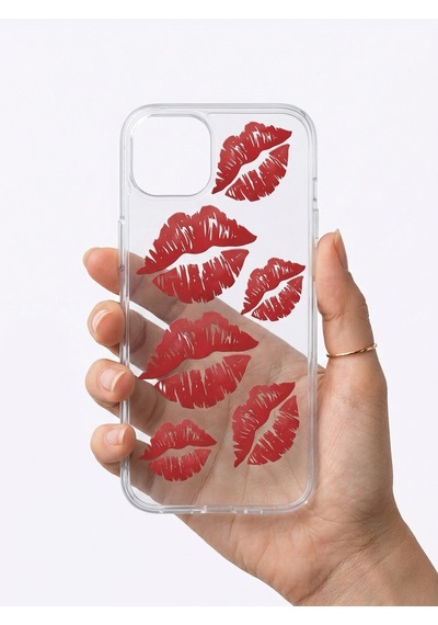 İphone 15 Kırmızı Dudak / Öpücük Desenli Şeffaf Telefon Kılıfı Mh-hs7673-5097