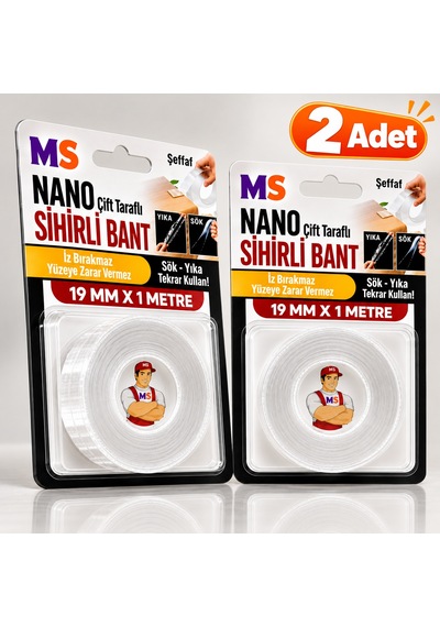 2 Adet Çift Taraflı Yapışkanlı Nano Sihirli Bantı 19mm X 1 Metre Şeffaf Silikon Sök Yıka Kullan Bandı