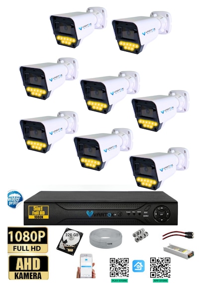 8 Kameralı AHD Full HD 9 LED 5MP Kamera Seti - 320GB HDD Dahil Gece (Renkli) Görüş