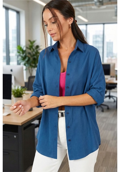 Armonika Kadın Lacivert Oversize Uzun Basic Gömlek Arm-22y001118