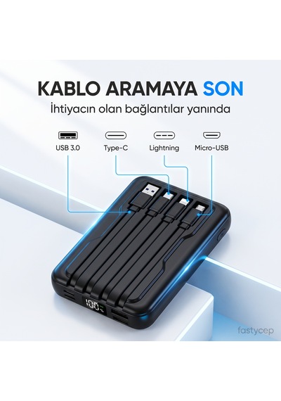 10.000 Mah Kablosuz Hızlı Şarjlı Magsafe Powerbank Led Ekranlı Dahili Kablolu Powerbank Çoklu Giriş