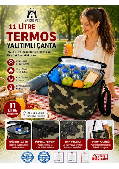 Termal Çanta Termos El Çantası Buzluk Piknik Çantası 11 Lt Soğutucu Çanta Haki