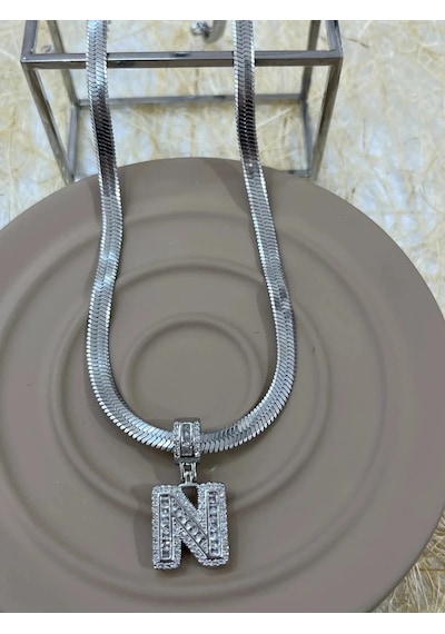 Premium Gümüş Renk Parlak Taşlı N Harf 316l Çelik Kolye 45cm