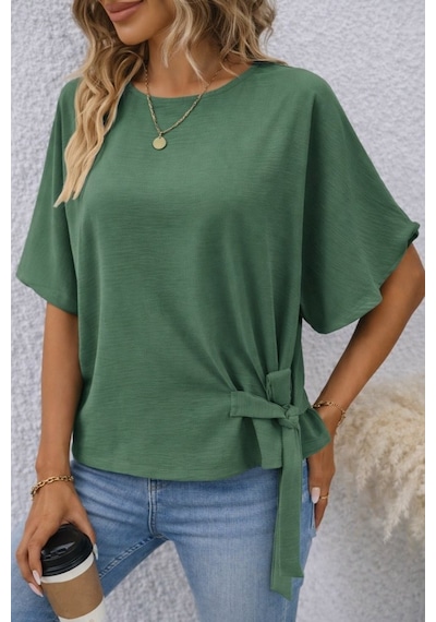 De'charme Kadın Kısa Kollu Bisiklet Yaka Yandan Bağcıklı Aerobin Bluz Yeşil