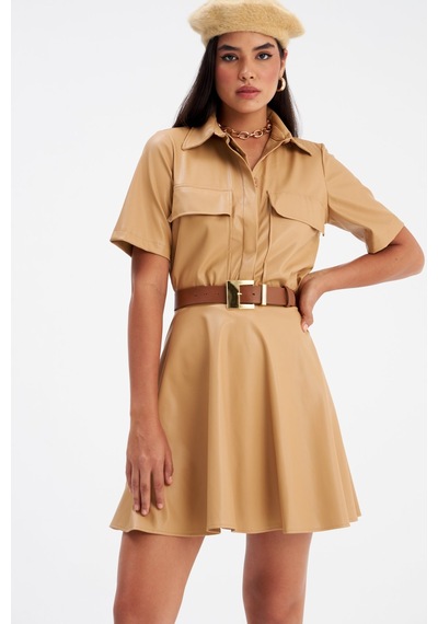 Sateen Kloş Mini Deri Etek - Bej
