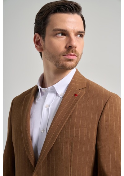 İmza Çizgili Desen Gofreli Mono Yaka Esnek 6 Drop Slim Fit Ceket 1002250122 Taba