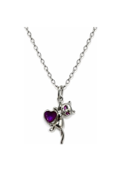 Gotik Kedi Figürlü Mor Kalp Detaylı Metal Kolye Unisex Çok renkli