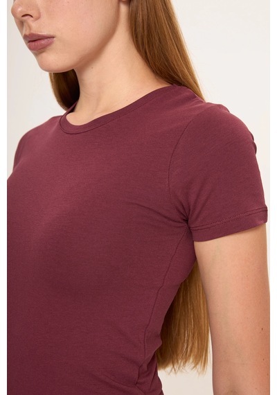 Zoor Ultra Soft Penye Modal Yuvarlak Yaka Kısa Kollu Bluz Bordo
