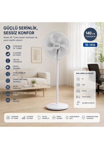 Bay Beyaz 5 Pervane - 18 Inc Ev - Ofis Kompakt - Sessiz - Üç Kademe 140cm Yükseklik Ayaklı Vantilatör Sf-6798 Bx40