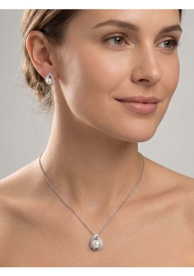 Oya Silver Baget Taşlı İnci Detaylı Gümüş Kolye Küpe Seti Oysy268