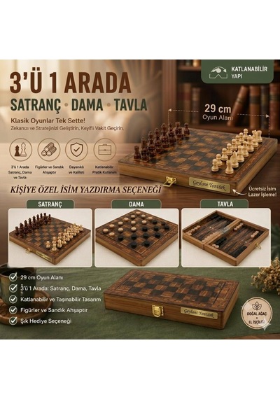 Kişiye Özel İsim Yazılabilir Lüks Ahşap 3ü1 Arada Satranç Dama Tavla Seti Kilitli 29cm Premium Takım