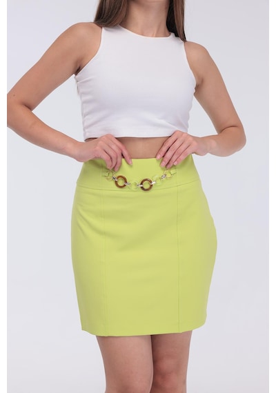 Selectmoda Kadın Zincir Toka Detaylı Modern Şık Mini Etek Yeşil