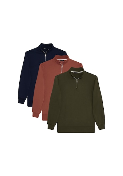 Tudors Unisex 3'lü Paket Lacivert-kahverengi-yeşil Relax Fit Pamuklu Yarım Fermuarlı Dik Yaka Sweatshirt-41764 Çok Renkli
