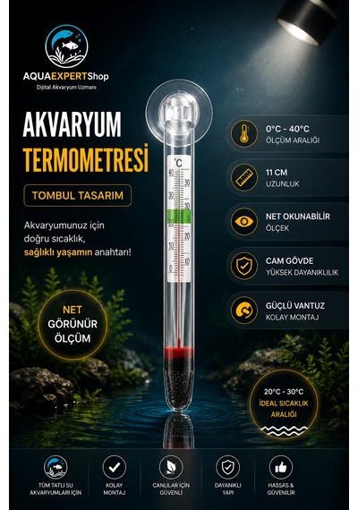 Akvaryum Tombul Termometre - Cam Termometre - Hassas Ölçüm - 0/40 Derece Arası Ölçüm - Net Görünüm - Güçlü Vantuz