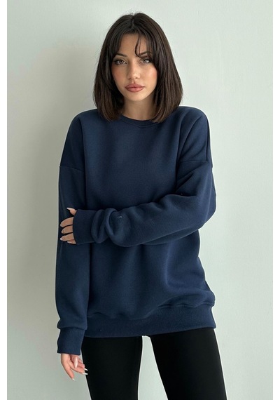Kadın Lacivert Bisiklet Yaka Oversize Sweatshirt Lacivert