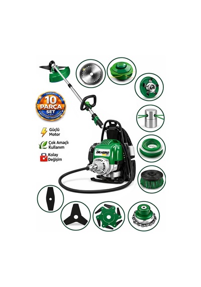 Dragro German Drg-10 + Sırt Tipi Benzinli Ot Çalı Çim Biçme Tırpanı + Full Set Hediyeli Y