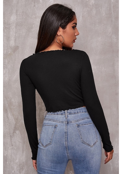 Epilons Zenvial Kadın Siyah Uzun Kollu Büzdürme Bağcık Detaylı Crop Top Bluz Zenviall2