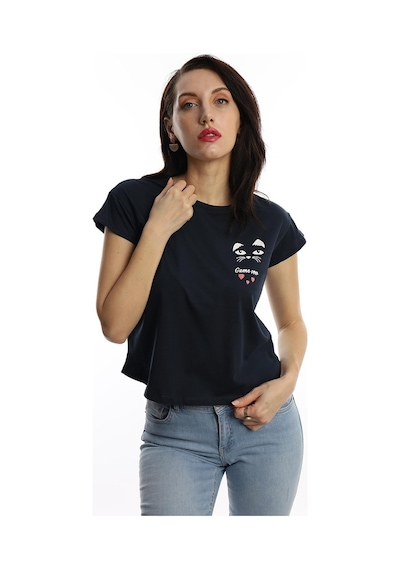 Kadın Game Over Kedi Baskılı Tişört Lacivert