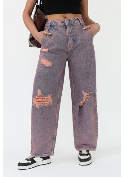 Skater Fit Kızıl Tint Yırtık Jean Mavi+kızıl Tint
