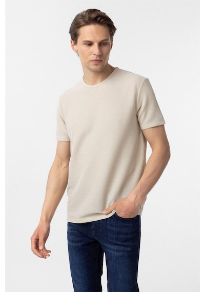 Süvari Bej Slim Fit Armürlü Bisiklet Yaka Tişört