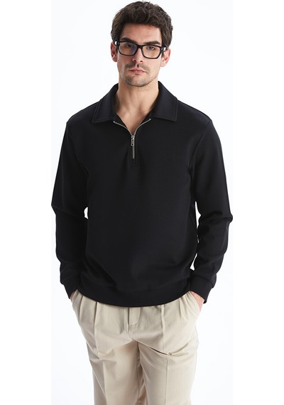 Lcw Vision Siyah Polo Yaka Uzun Kollu Erkek Sweatshirt