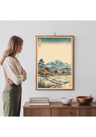 Japon Manzara Posteri Turkuaz Çöl Sahnesi İllüstrasyonu Vintage Ahşap Baskı Tarzı Sanat Eseri