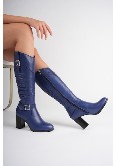 Analin Shoes Kadın Hakiki Deri Körüklü Toka Detaylı Topuklu Çizme Saks Mavi