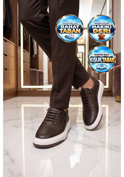 Ayakmod Lastik Bağcıklı Şık Rahat Kahve Hakiki Deri Erkek Casual Sneaker Ayakkabı 272304