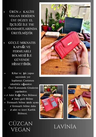 Lavinia Kırmızı Vegan Deri Kadın Cüzdan Fermuarlı Ve Mıknatıslı 16x9 Cm Kırmızı