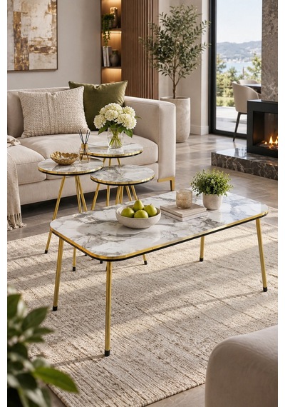 Sulorahome Beyaz Mermer Desenli Ve Gold Metal Ayaklı 4'lü Sehpa Seti