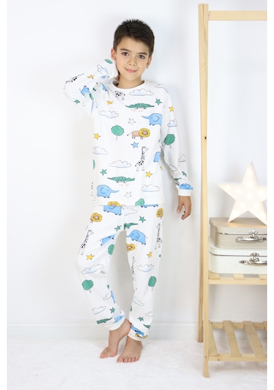 Harika Kids Erkek Çocuk Baskılı İnterlok Kumaş Uzun Kollu Pijama Takımı Beyaz