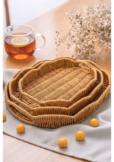 Oval Rattan Örme 3'lü Dekoratif Sunum Tepsisi Seti Sarı