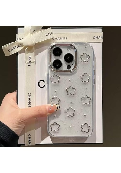 3d Gümüş Çiçekli Şeffaf Simli İphone 13 Pro Uyumlu Kılıf Kamera Korumalı, Darbe Emici Silikon Diğer