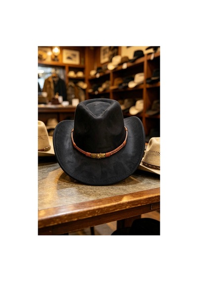 Gigi Luxe Erkek Siyah Western Kovboy Şapkası Örgü Deri Bantlı Cowboy Hat Siyah Siyah