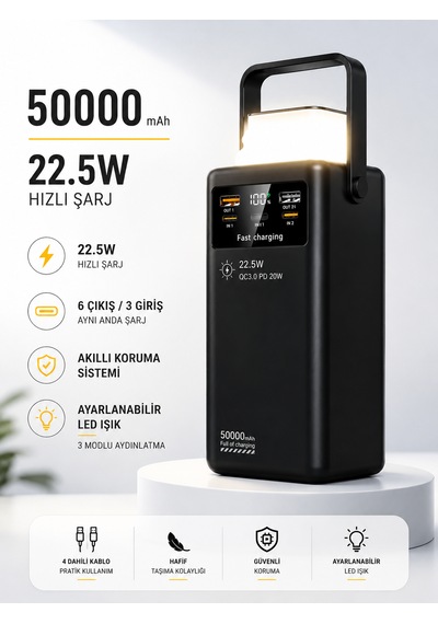 50000mah 22.5w Hızlı Şarj Powerbank Kamp Lambalı Led Işıklı Dahili Kablolu Usb Type-c Girişli siyah