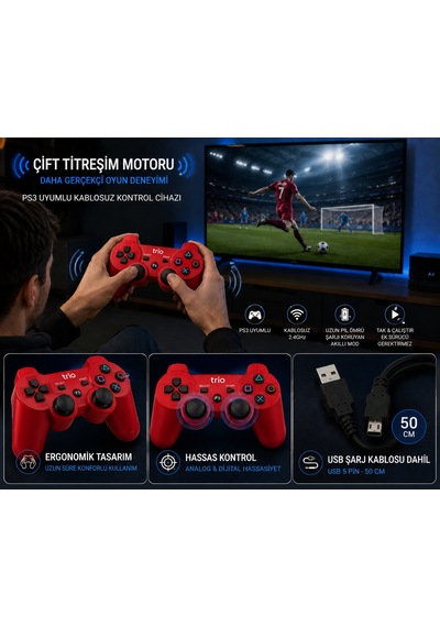 Trio Tr-903 Ps3 Uyumlu Kablosuz Oyun Kolu Çift Titreşim Wireless Controller Usb Şarjlı