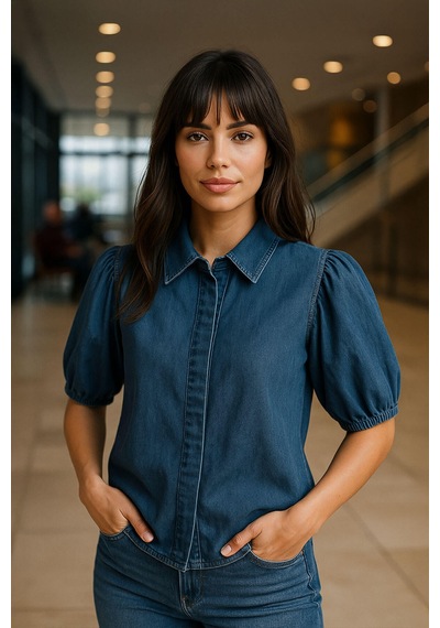 Banny Jeans Kadın Balon Kollu %100 Pamuk Mavi Jean Gömlek