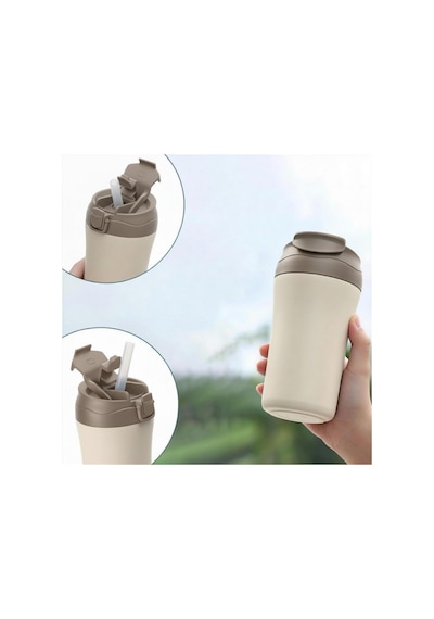 Paslanmaz Çelik Bardak Mug Termos 380 Ml Çift Katmanlı, Sızdırmaz Kapaklı-283 Krem