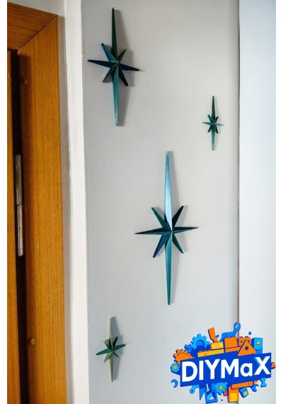 Yıldız Duvar Dekoru 4'lü Set Mid-century Modern Starburst Dekoratif Duvar Süsü - Sari Sarı