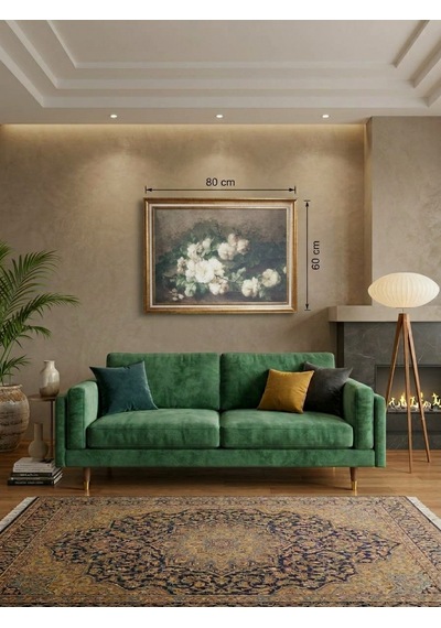 Gold Çerçeveli Vintage Dekoratif Beyaz Gül Tablo 60x80 Cm