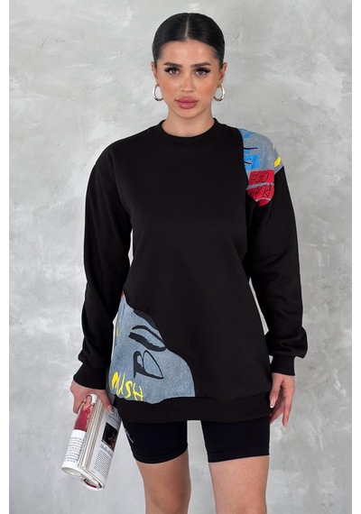 Femelle Kadın Beyaz Şardonlu Tasarım Kot Detaylı Sweatshirt siyah