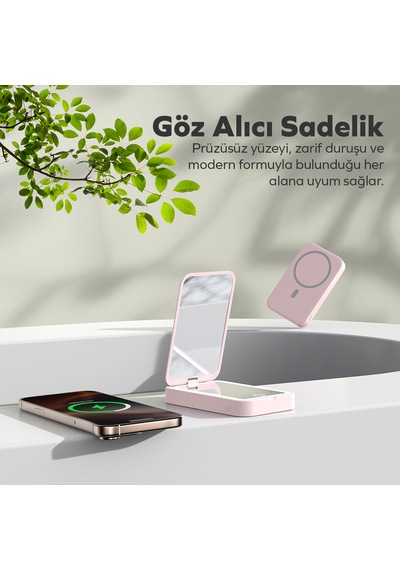 Woyax Ledli Makyaj Aynalı Powerbank 3000mah Taşınabilir Şarj Cihazı Apple Uyumlu iPhone Samsung Xiaomi Pembe