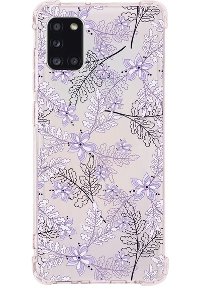 Samsung Galaxy A31 Uyumlu Köşe Korumalı Antişok Kapak Floral Lila Tasarımlı Şeffaf Kılıf