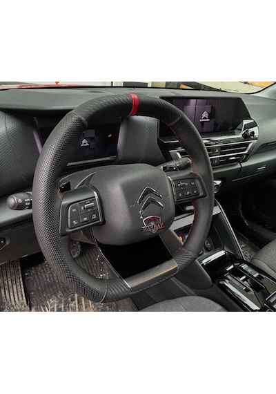 Dikişli Direksiyon Kılıfı Karbon / Noktalı Deri Kırmızı Yüzük / Dikişli Citroen C3 İcin Renkli