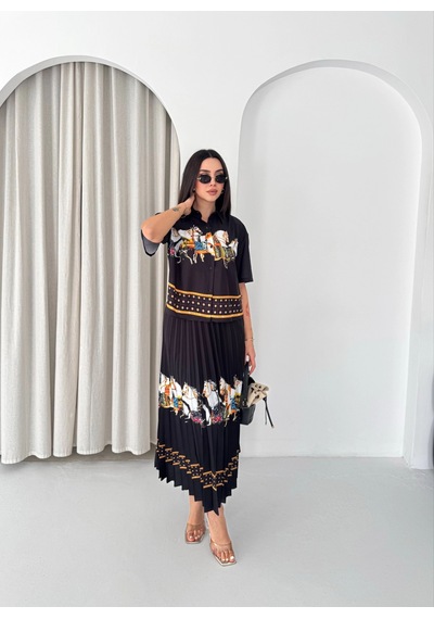 Asprinfashion Plise Etekli Baskılı Bayan Gömlek Etek Takım Siyah