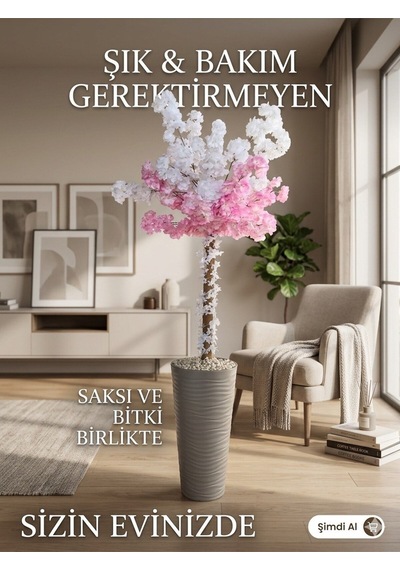 Lüks Dekoratif Yapay Bahar Dalı Ağacı - Sütlü Kahve Saksıda Dalgalı Uzun Saksıda Pembe Beyaz Çiçekli 180 Cm Çok Renkli