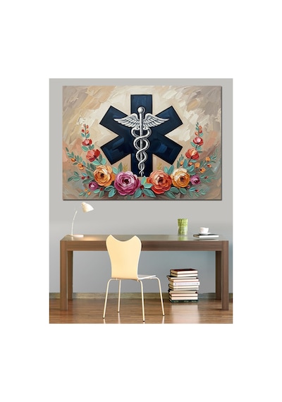 Tıbbi Simge Ve Çiçekli Dekor Yağlı Boya Dokulu Kanvas Tablo Canvas Tablosu