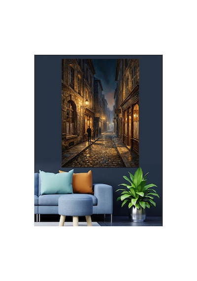 Gece Yarısı Dar Şehir Sokağı Yağlı Boya Dokulu Kanvas Tablo Canvas Tablosu